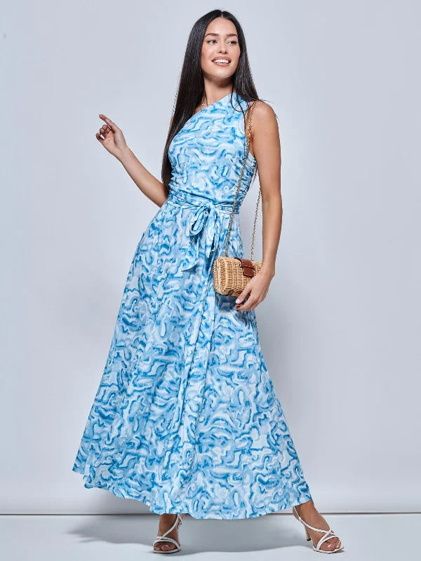 Midi dresses with embroidered accents for a unique and detailed designMarble Print One Shoulder Maxi Dress, Blue Multi