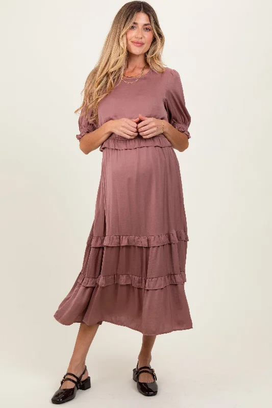 Maxi - inspired midi dresses with flowing fabrics for a beachy vibeMauve Satin Ruffle Trim Maternity Midi Dress Maxi - inspired midi dresses with flowing fabrics for a beachy vibeMauve Satin Ruffle Trim Maternity Midi Dress