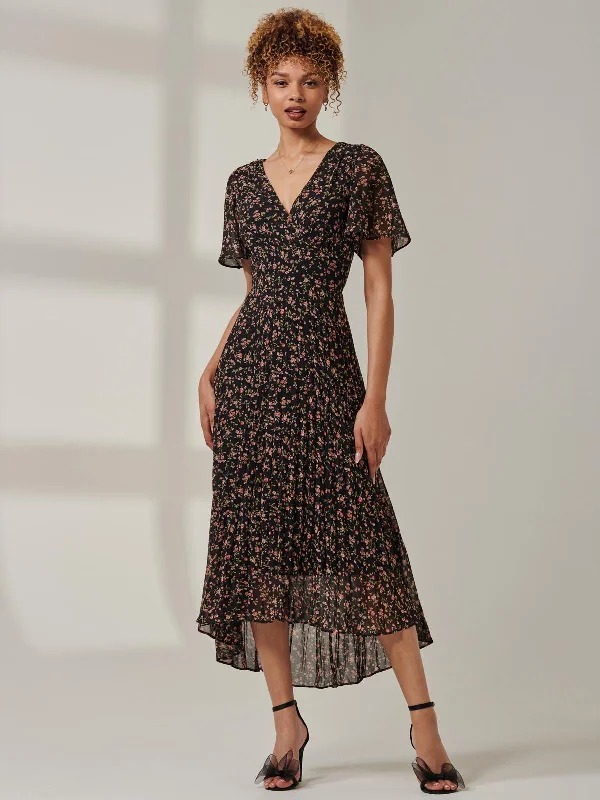 Maxi - inspired midi dresses with flowing fabrics for a beachy vibeMeagan V-Neck Chiffon Maxi Dress, Black Ditsy Maxi - inspired midi dresses with flowing fabrics for a beachy vibeMeagan V-Neck Chiffon Maxi Dress, Black Ditsy