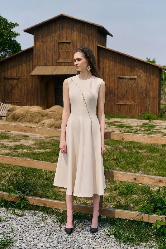 Midge A-line Round Neck Twill Midi Dress