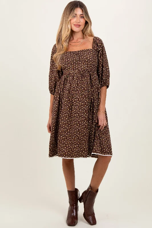 Wrap - style midi dresses in silk for a sophisticated office lookMocha Floral Pleated Bodice Lace Trim Maternity Midi Dress
