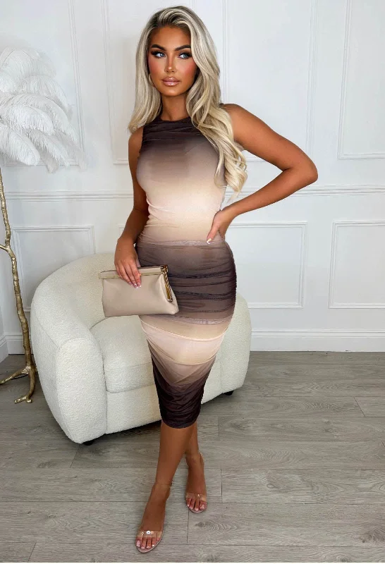 Midi dresses with keyhole backs for a flirty and unexpected detailMysterious Lover Brown Ombre Double Lined Stretch Ruched Midi Dress Midi dresses with keyhole backs for a flirty and unexpected detailMysterious Lover Brown Ombre Double Lined Stretch Ruched Midi Dress