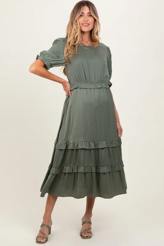 Midi dresses with tassel accents for a bohemian and free - spirited styleOlive Satin Ruffle Trim Maternity Midi Dress Midi dresses with tassel accents for a bohemian and free - spirited styleOlive Satin Ruffle Trim Maternity Midi Dress
