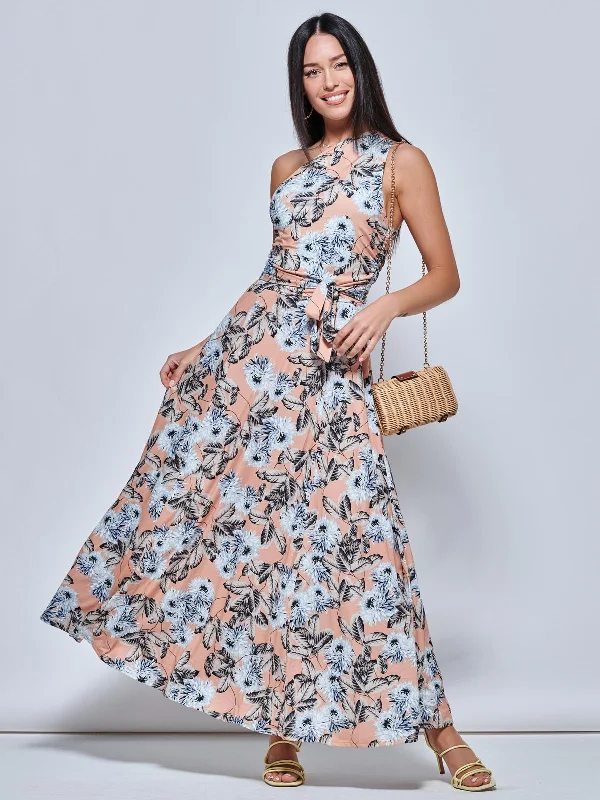 Midi dresses with gathered skirts for a full and flowing silhouetteOne Shoulder Maxi Jersey Dress, Floral Multi Midi dresses with gathered skirts for a full and flowing silhouetteOne Shoulder Maxi Jersey Dress, Floral Multi