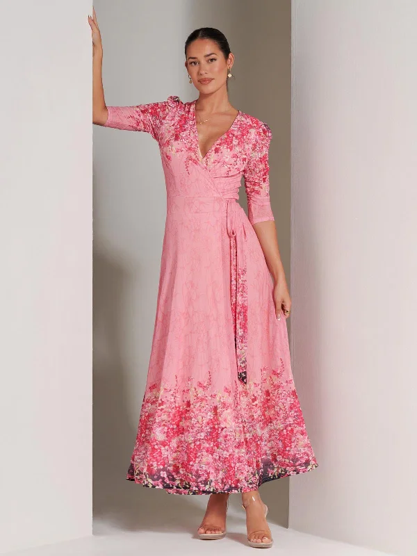 Plaid midi dresses for a fall - themed family gatheringPeggy Ruched Sleeve Wrap Mesh Maxi Dress, Pink Multi