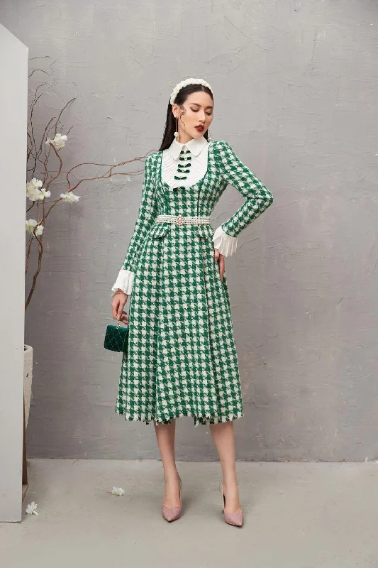 Midi dresses with tiered skirts for a bohemian festival lookRatih A-line Collared Neck Tweed Midi Dress