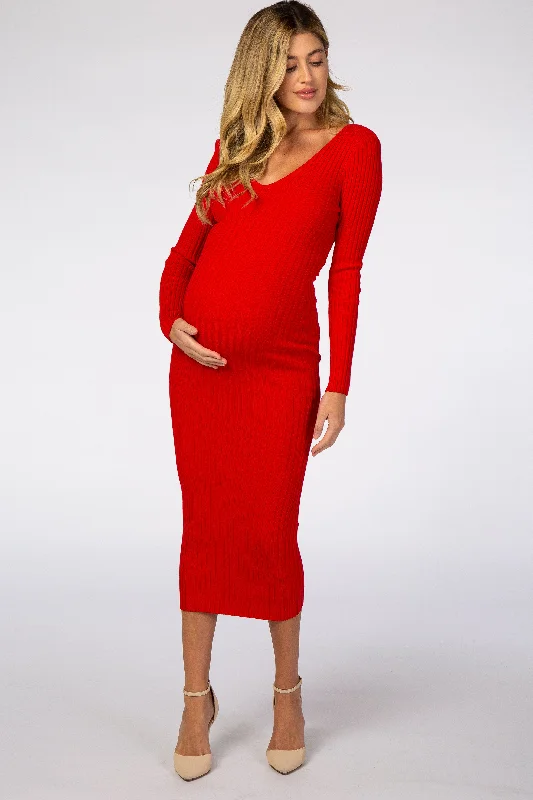Midi dresses with fringe details for a fun and energetic styleRed V-Neck Long Sleeve Fitted Maternity Maxi Dress Midi dresses with fringe details for a fun and energetic styleRed V-Neck Long Sleeve Fitted Maternity Maxi Dress