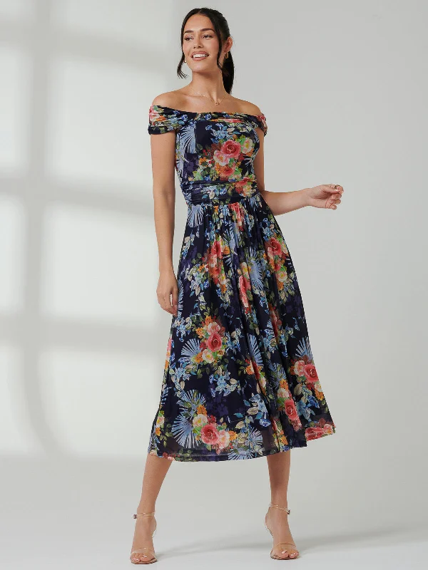 Midi dresses with animal prints for a bold and confident appearanceRezka Off Shoulder Mesh Midi Dress, Navy Floral Midi dresses with animal prints for a bold and confident appearanceRezka Off Shoulder Mesh Midi Dress, Navy Floral
