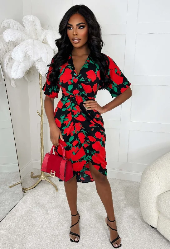 Midi dresses with animal prints for a bold and confident appearanceRose Bouquet Black Rose Print Wrap Midi Dress Midi dresses with animal prints for a bold and confident appearanceRose Bouquet Black Rose Print Wrap Midi Dress