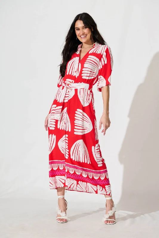 Midi dresses with lace - up fronts for a unique and adjustable styleSatori Midi Shirt Dress in Red with White Print Midi dresses with lace - up fronts for a unique and adjustable styleSatori Midi Shirt Dress in Red with White Print