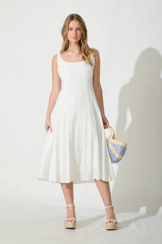 Midi dresses with one - shoulder designs for a modern and asymmetric styleShaima Midi Sundress in White Cotton Midi dresses with one - shoulder designs for a modern and asymmetric styleShaima Midi Sundress in White Cotton