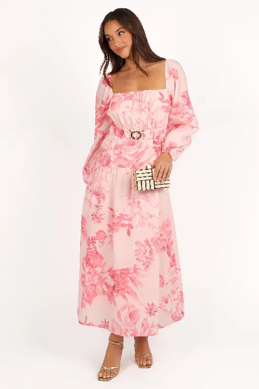 Midi dresses with button - down skirts for a unique and functional designSharine Long Sleeve Dress - Pink Floral Midi dresses with button - down skirts for a unique and functional designSharine Long Sleeve Dress - Pink Floral