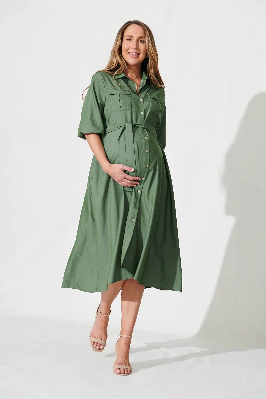 Sinatra Midi Shirt Dress In Emerald Cotton Blend