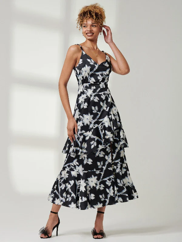 Midi dresses with gathered skirts for a full and flowing silhouetteSpaghetti Strap Satin Maxi Dress, Black Floral Midi dresses with gathered skirts for a full and flowing silhouetteSpaghetti Strap Satin Maxi Dress, Black Floral
