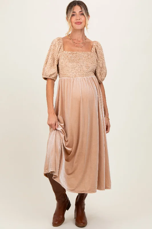 Velvet midi dresses in jewel tones for a glamorous winter eventTan Velvet Contrast Square Neck Maternity Midi Dress