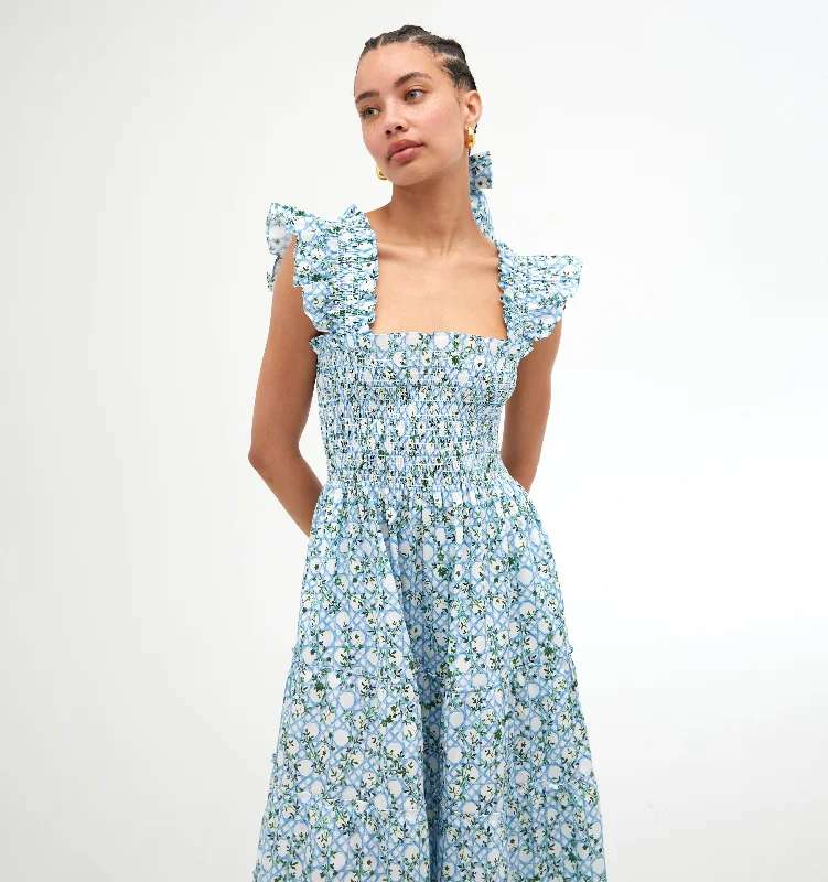 Midi dresses with ruched bodices for a feminine and fitted feelThe Ellie Nap Dress - Blue Basketweave Vine Midi dresses with ruched bodices for a feminine and fitted feelThe Ellie Nap Dress - Blue Basketweave Vine