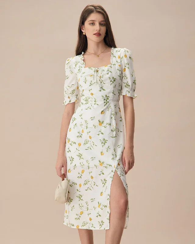 The White Square Neck Frill Trim Floral Midi Dress