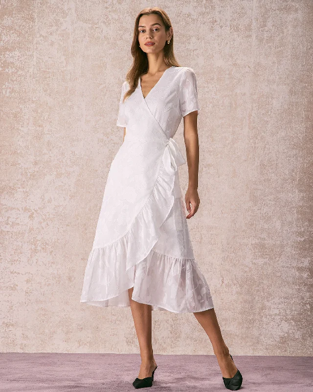 The White V Neck Jacquard Wrap Midi Dress