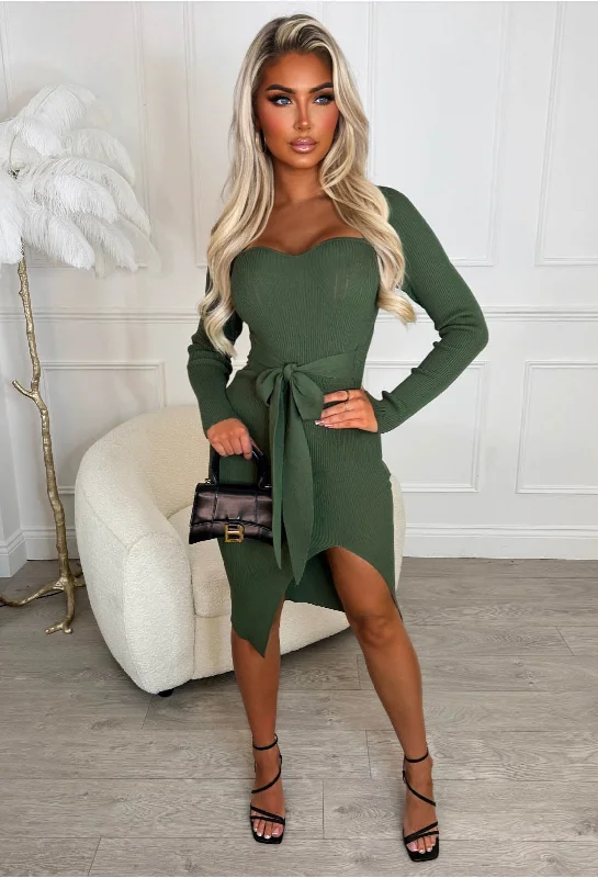 Midi dresses with mesh inserts for a trendy and breathable optionTied To Love Khaki Tie Waist Long Sleeve Stretch Ribbed Knitted Midi Dress Midi dresses with mesh inserts for a trendy and breathable optionTied To Love Khaki Tie Waist Long Sleeve Stretch Ribbed Knitted Midi Dress