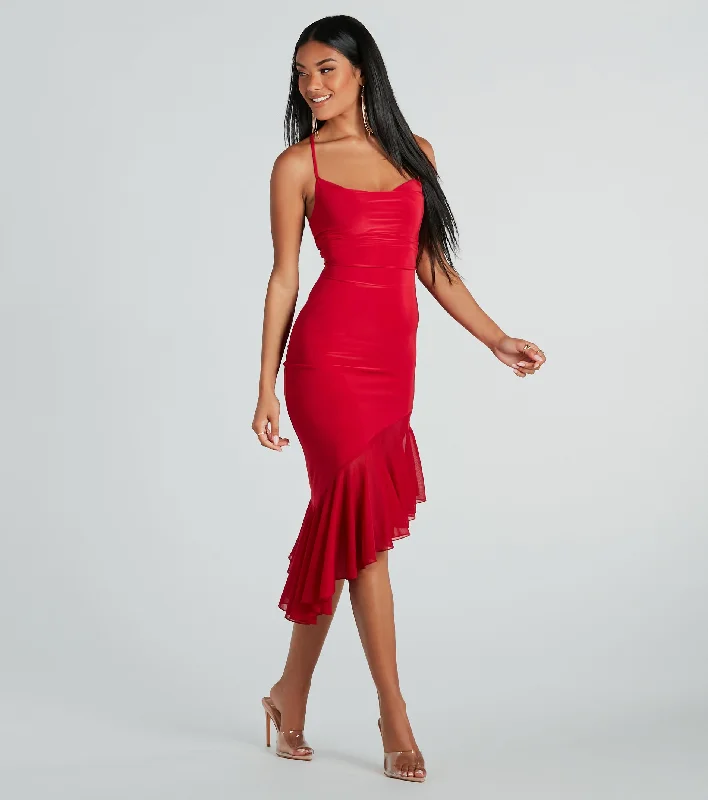 Midi dresses with pleated skirts for a timeless and elegant appealTimeless Allure Cowl Neck Mesh Ruffle Midi Dress Midi dresses with pleated skirts for a timeless and elegant appealTimeless Allure Cowl Neck Mesh Ruffle Midi Dress