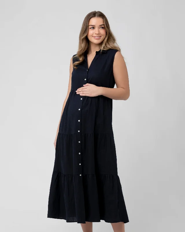 Midi dresses with satin - finish fabrics for a luxurious feelTracy Tiered Linen Dress Navy