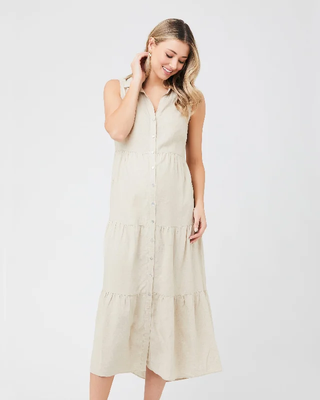 Midi dresses with abstract art prints for an artistic statementTracy Tiered Linen Dress Natural Midi dresses with abstract art prints for an artistic statementTracy Tiered Linen Dress Natural