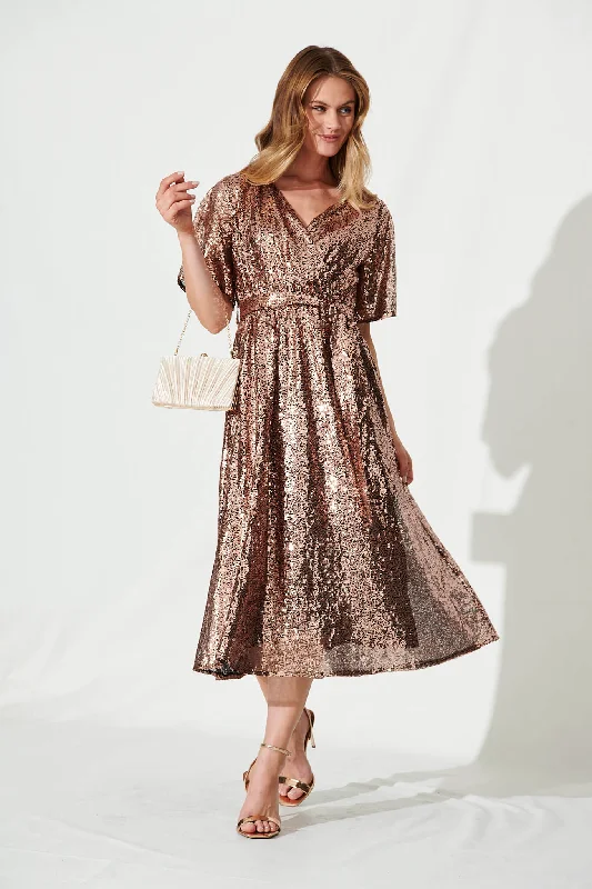 Winslet Midi Dress In Rose Gold Sequin