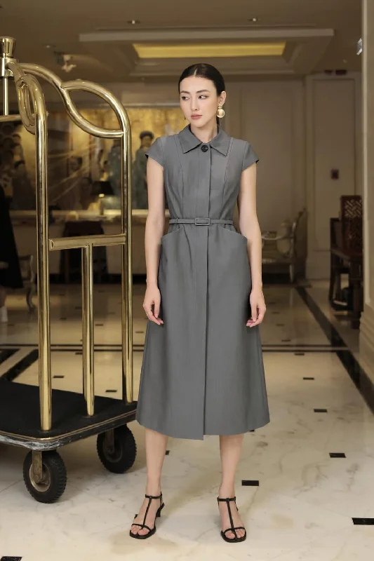 Midi dresses with button - down skirts for a unique and functional designXander Folded Collar Dress Midi dresses with button - down skirts for a unique and functional designXander Folded Collar Dress