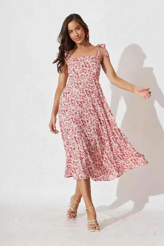 Midi dresses with halter necks for a stylish and comfortable optionYelina Midi Dress In White With Red Floral Midi dresses with halter necks for a stylish and comfortable optionYelina Midi Dress In White With Red Floral