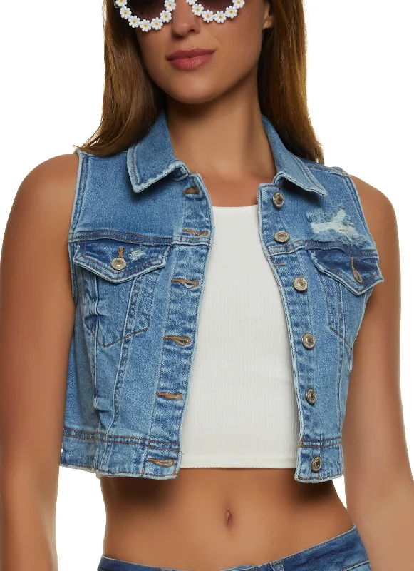 Embellished women jeans with studs or rhinestones for a glamorous touchWAX Distressed Denim Cropped Vest Embellished women jeans with studs or rhinestones for a glamorous touchWAX Distressed Denim Cropped Vest