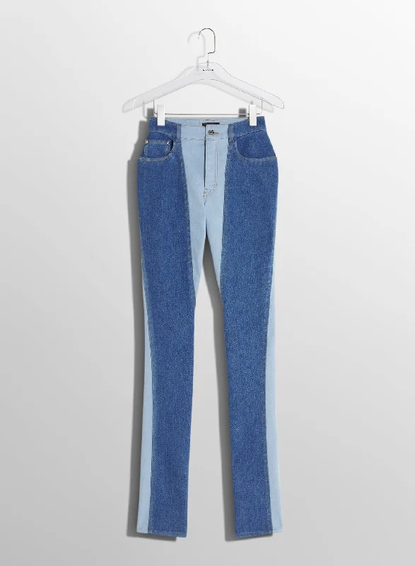 Button - fly women jeans with a traditional touchbi-tone blue skinny jeans