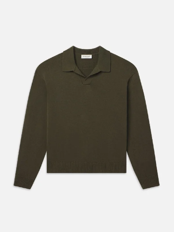 Silk Blend Polo Sweater -- Dark Olive