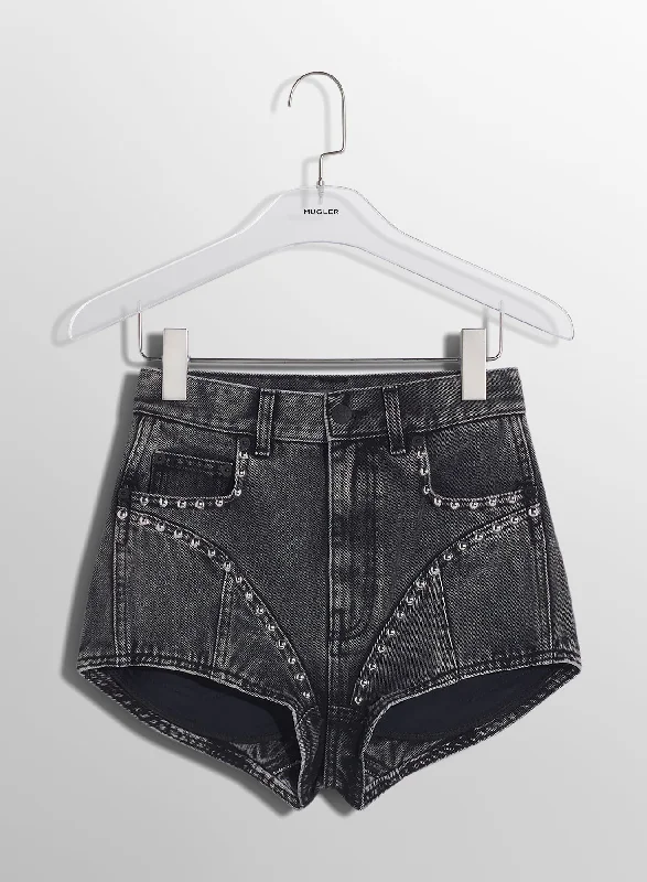 Dark - wash women jeans for a sophisticated and slimming effectwashed black denim studded shorts Dark - wash women jeans for a sophisticated and slimming effectwashed black denim studded shorts