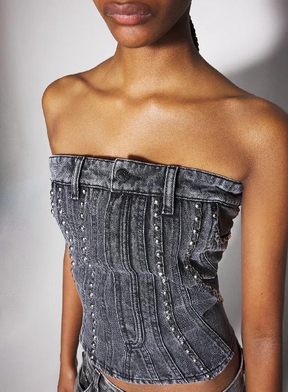 Embroidered women jeans with intricate patternswashed black spiral denim studded bustier Embroidered women jeans with intricate patternswashed black spiral denim studded bustier