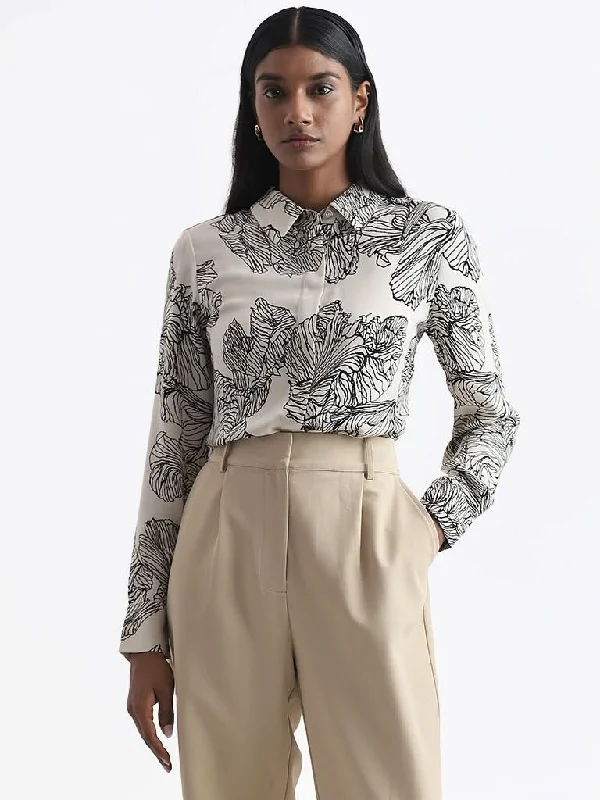 Women's flared office pants Ripped women jeans for a rebellious and fashion - forward style Wardrobe Floral Printed Cream Shirt Women's flared office pants Ripped women jeans for a rebellious and fashion - forward style Wardrobe Floral Printed Cream Shirt