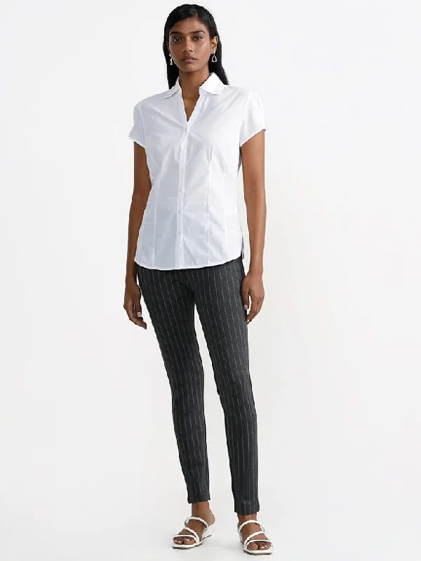 Women's pants for office meetings High - waisted women jeans for a flattering silhouette Wardrobe Striped Ankle Length Grey Trousers Women's pants for office meetings High - waisted women jeans for a flattering silhouette Wardrobe Striped Ankle Length Grey Trousers