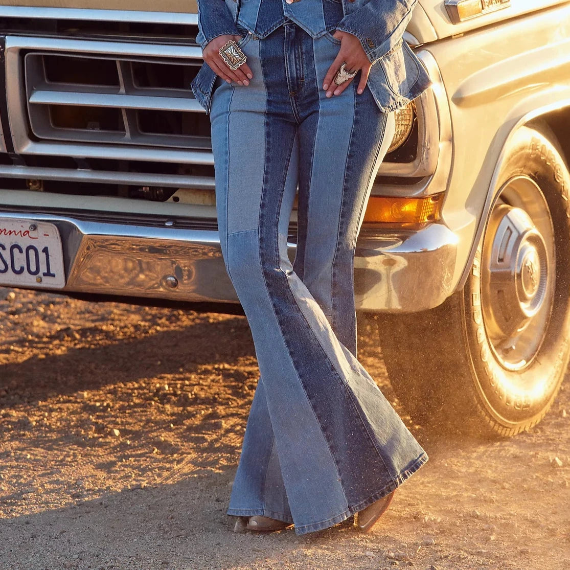 Women's pants for cycling Jeggings women jeans combining the comfort of leggings and style of jeans Wrangler x Lainey Wilson Patchwork Bell Bottoms in Patchwork Blue Women's pants for cycling Jeggings women jeans combining the comfort of leggings and style of jeans Wrangler x Lainey Wilson Patchwork Bell Bottoms in Patchwork Blue