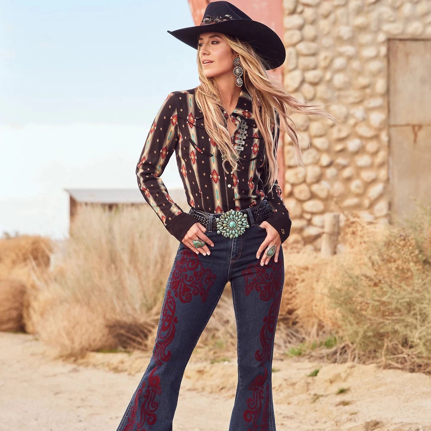 Women's pants for theme park visits Mom jeans for a nostalgic and casual look Wrangler x Lainey Wilson Vintage Flocked Bell Bottoms in Maroon Dark Wash Women's pants for theme park visits Mom jeans for a nostalgic and casual look Wrangler x Lainey Wilson Vintage Flocked Bell Bottoms in Maroon Dark Wash