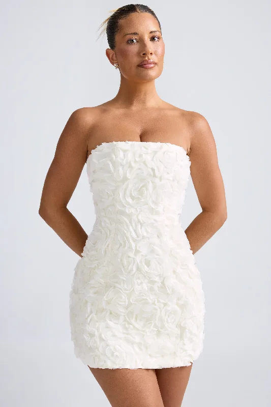 Floral print mini dresses for summer partiesFloral-Appliqué Bandeau A-Line Mini Dress in White Floral print mini dresses for summer partiesFloral-Appliqué Bandeau A-Line Mini Dress in White