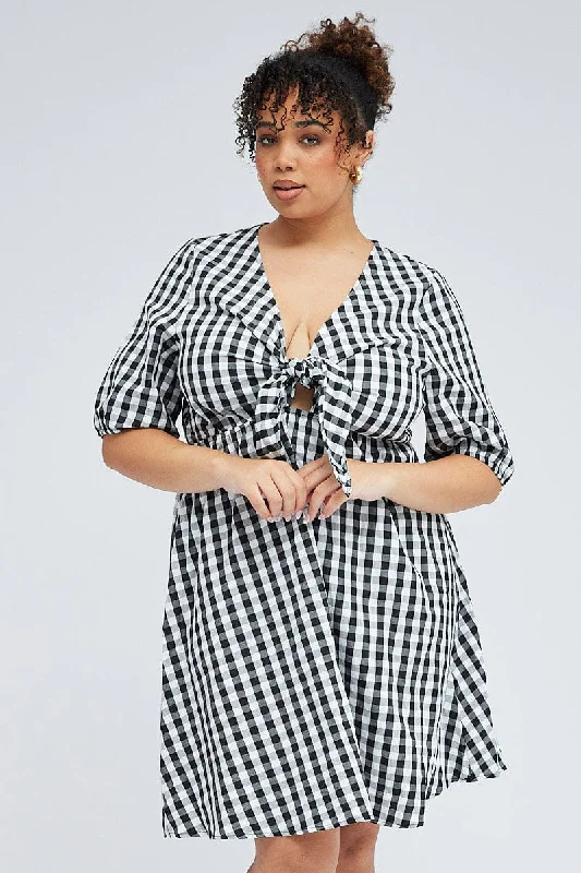 Mini dresses with pom - pom trims for a playful feelBlack Check Mini Dress Tie Gingham Puff Sleeve Mini dresses with pom - pom trims for a playful feelBlack Check Mini Dress Tie Gingham Puff Sleeve