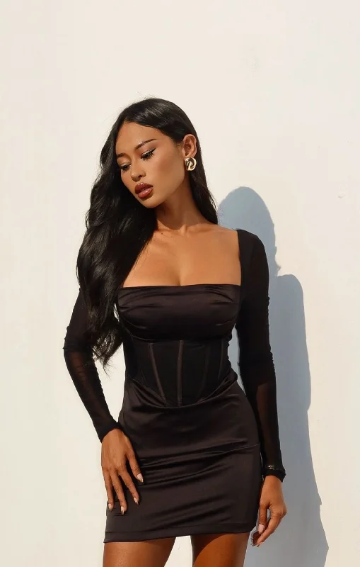 Mini dresses with gathered skirts for a voluminous effectBlack Long Sleeve Corset Bodycon Mini Dress - Nyasia Mini dresses with gathered skirts for a voluminous effectBlack Long Sleeve Corset Bodycon Mini Dress - Nyasia