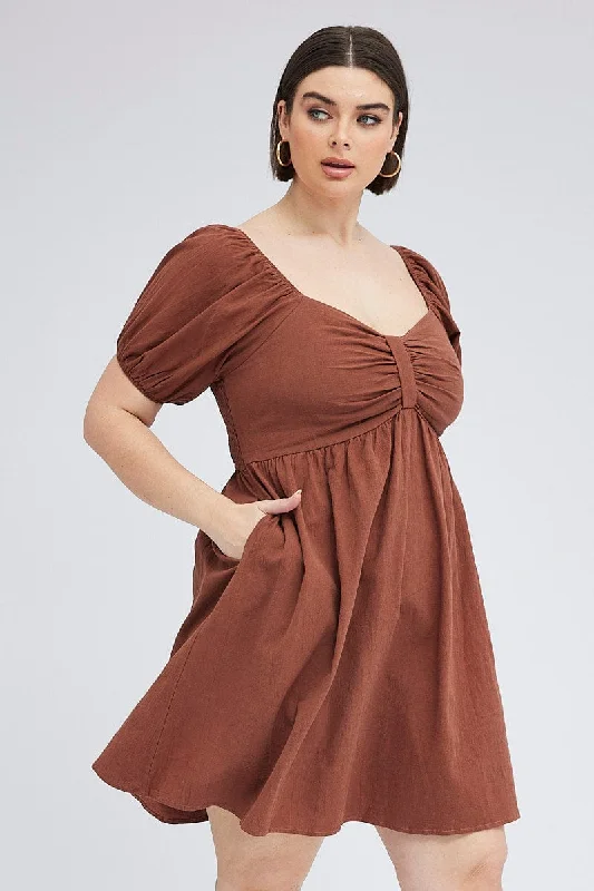 Mini dresses with off - the - shoulder stylesBrown Mini Dress Tab Front Pockets