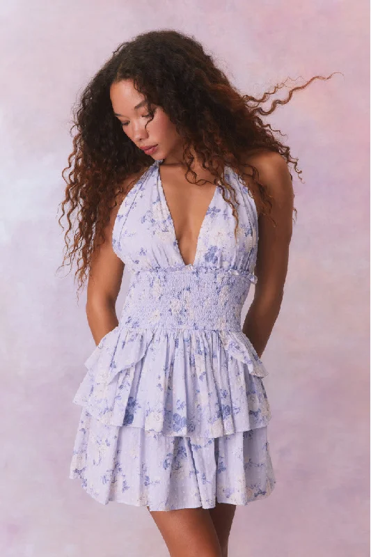 Mini dresses with cold - shoulder designsDeanna Fragrance Print Halter Mini Dress-WHISPER BLUE Mini dresses with cold - shoulder designsDeanna Fragrance Print Halter Mini Dress-WHISPER BLUE