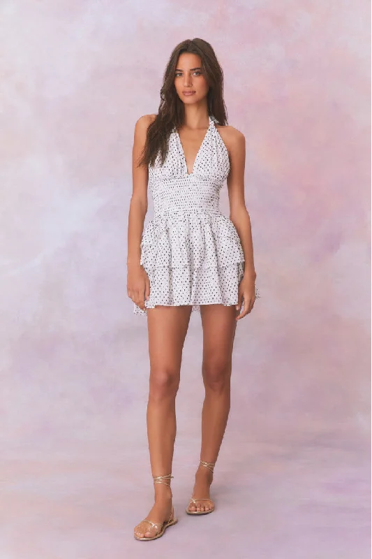 Mini dresses with tiered skirts for added volumeDeanna Polka Dot Halter Mini Dress