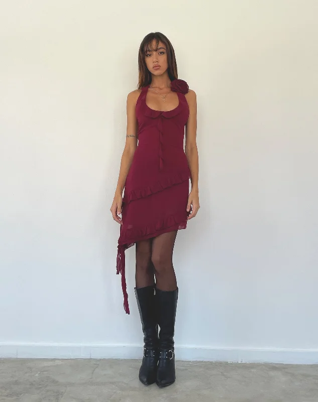 Mini dresses with beaded embellishments for a fancy eventMargaret Ruffle Mini Dress in Plum Chiffon with Rosette Mini dresses with beaded embellishments for a fancy eventMargaret Ruffle Mini Dress in Plum Chiffon with Rosette