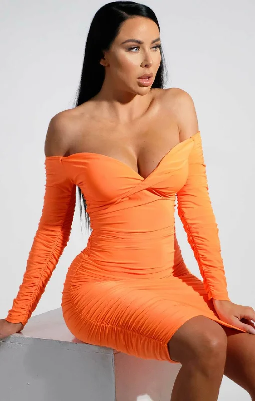 Mini dresses with criss - cross backs for a flirty lookNeon Orange Ruched Bardot Long Sleeve Bodycon Mini Dress - Mindy Mini dresses with criss - cross backs for a flirty lookNeon Orange Ruched Bardot Long Sleeve Bodycon Mini Dress - Mindy