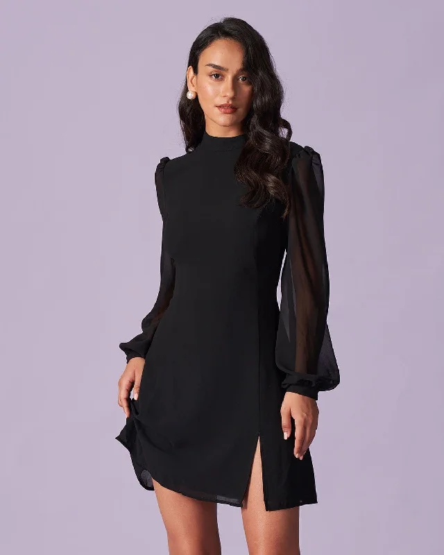 Mini dresses with ruched bodices for a feminine touchThe Black Stand Collar Sheer Slit Mini Dress Mini dresses with ruched bodices for a feminine touchThe Black Stand Collar Sheer Slit Mini Dress