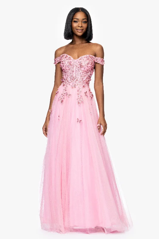 Strapless cocktail dresses with a sweetheart neckline and a full skirt"Luna" Long Off the Shoulder 3D Butterfly Embellished Gown Strapless cocktail dresses with a sweetheart neckline and a full skirt"Luna" Long Off the Shoulder 3D Butterfly Embellished Gown