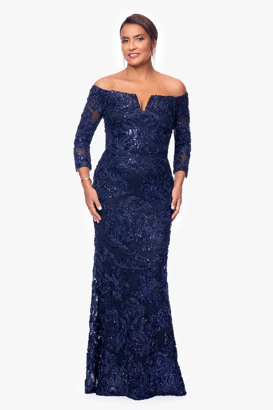 Animal - print cocktail dresses with a V - neck for a fierce look"Wilma" 3/4 Sleeve Soutache Lace Off the Shoulder Gown Animal - print cocktail dresses with a V - neck for a fierce look"Wilma" 3/4 Sleeve Soutache Lace Off the Shoulder Gown