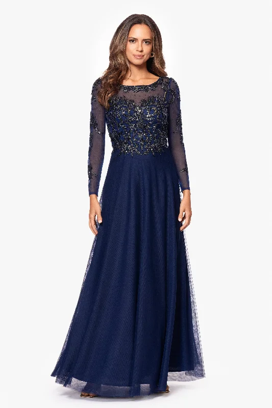 Cocktail dresses with a mesh panel and a high - neck design"Ana" Long Sleeve Beaded Mesh Applique Floor Length Gown Cocktail dresses with a mesh panel and a high - neck design"Ana" Long Sleeve Beaded Mesh Applique Floor Length Gown